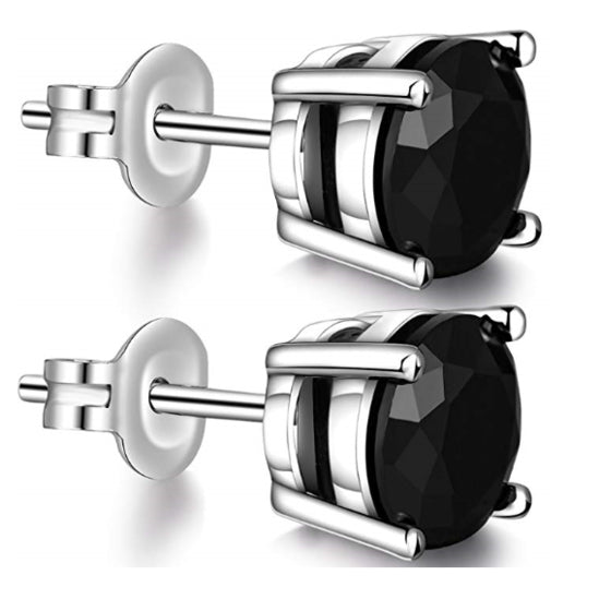 Silver Plated Unisex 7mm Black CZ Stud Earrings Round Brilliant Cut Basket Set Rhodium 2 1/2 ct./pr Image 1