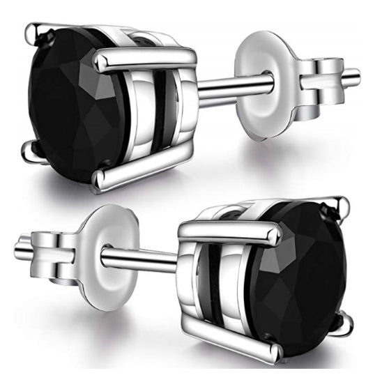 Silver Plated Unisex 7mm Black CZ Stud Earrings Round Brilliant Cut Basket Set Rhodium 2 1/2 ct./pr Image 2