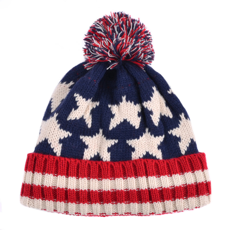 Old School Unisex American Flag Knit Pom Beanie Ski Hat with Stars Red White and Blue Image 1