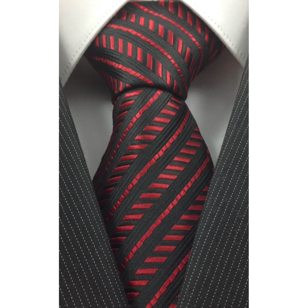 Mens Necktie Silk Tie Black Red Dash Stripes Silk Tie Hand Made Executive Pro Design Birthday Christmas Valentines Gift Image 2