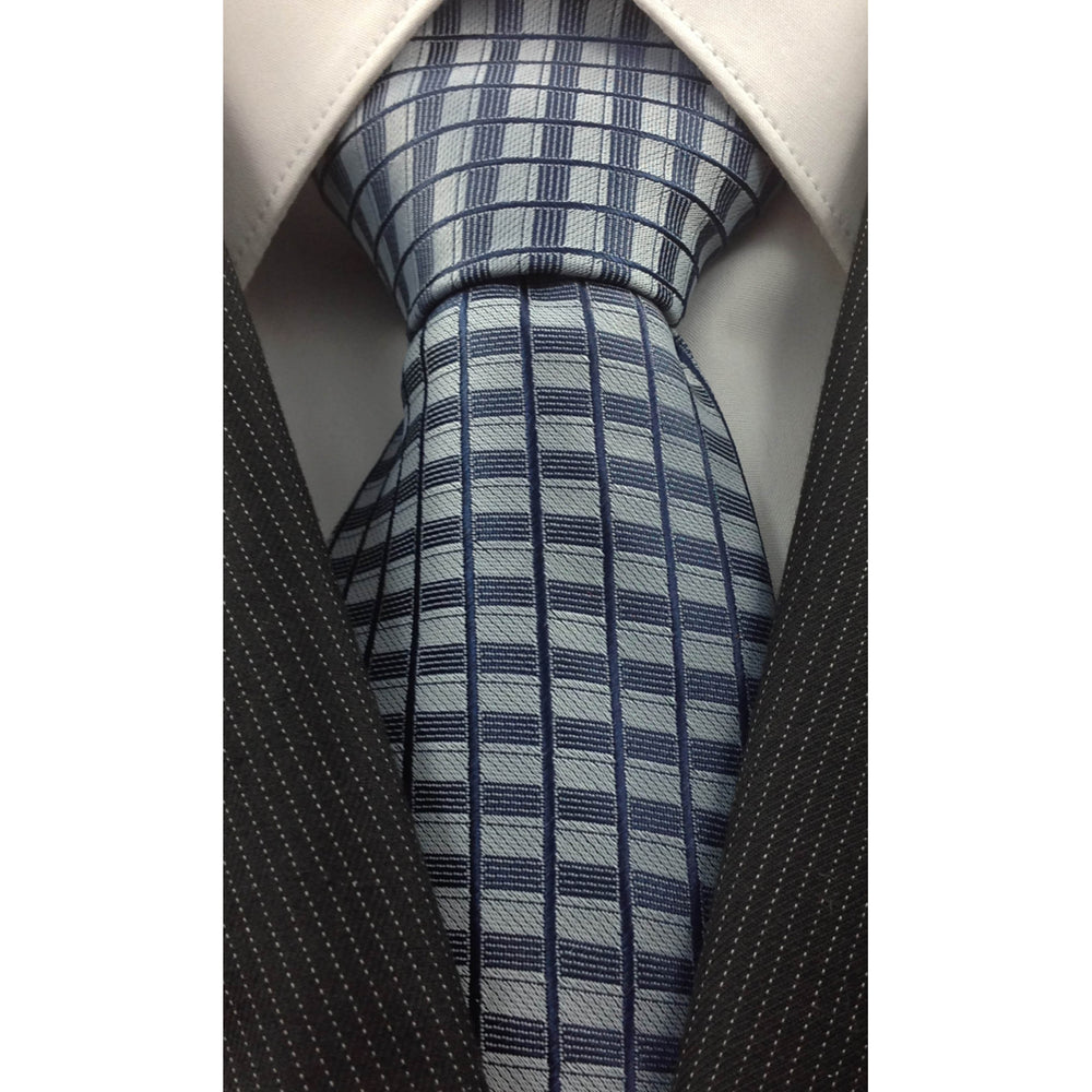 Mens Necktie Silk Tie Blue Grey Blocks Silk Tie Hand Made Executive Pro Design Birthday Christmas Valentines Gift Image 2
