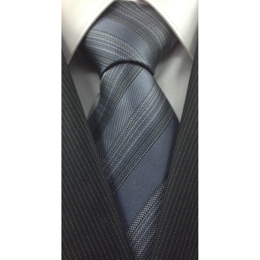 Mens Necktie Silk Tie Shades of Grey Stripe Silk Tie Hand Made Executive Pro Design Birthday Christmas Valentines Gift Image 2