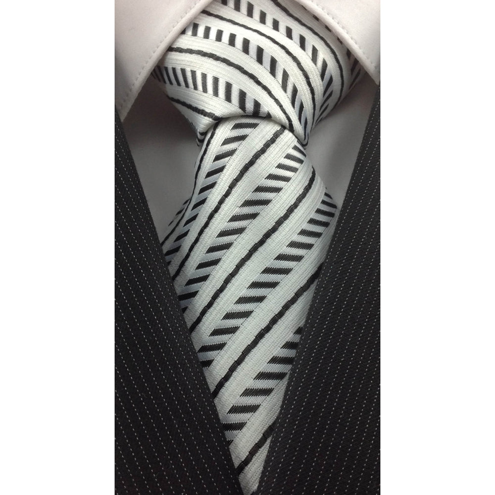 Mens Necktie Silk Tie White Black Stripes Silk Tie Hand Made Executive Pro Design Birthday Christmas Valentines Gift Image 2