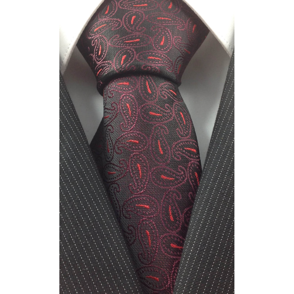 Mens Necktie Silk Tie Black Red Paisley Silk Tie Hand Made Executive Pro Design Birthday Christmas Valentines Gift Image 2