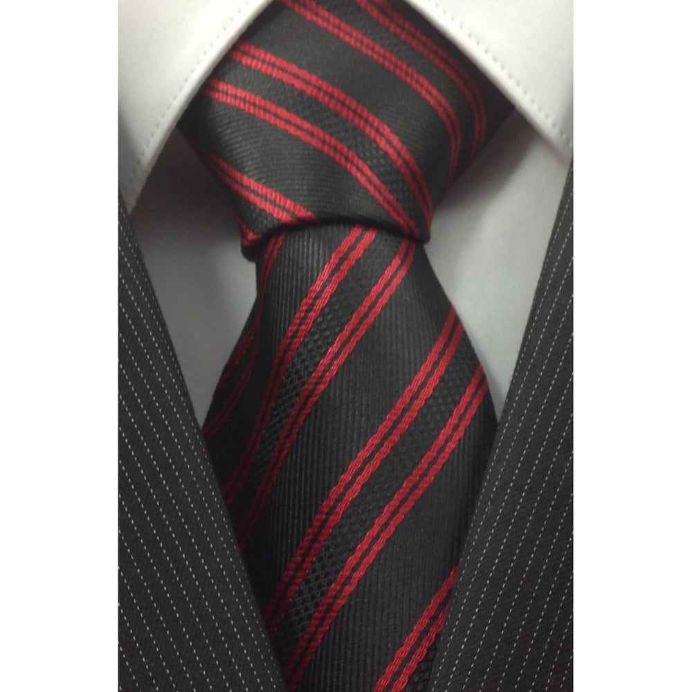 Mens Necktie Silk Tie Black and Red Stripes Silk Tie Hand Made Executive Pro Design Birthday Christmas Valentines Gift Image 2