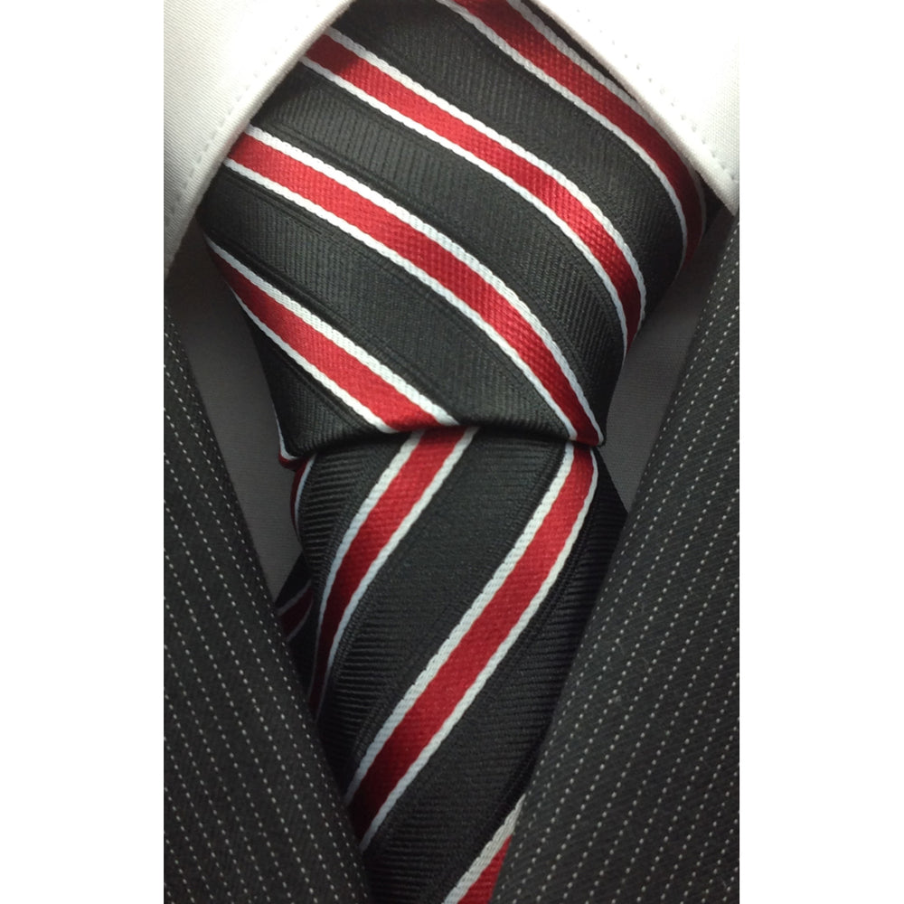 Mens Necktie Silk Tie Black Red White Stripe Silk Tie Hand Made Executive Pro Design Birthday Christmas Valentines Gift Image 2