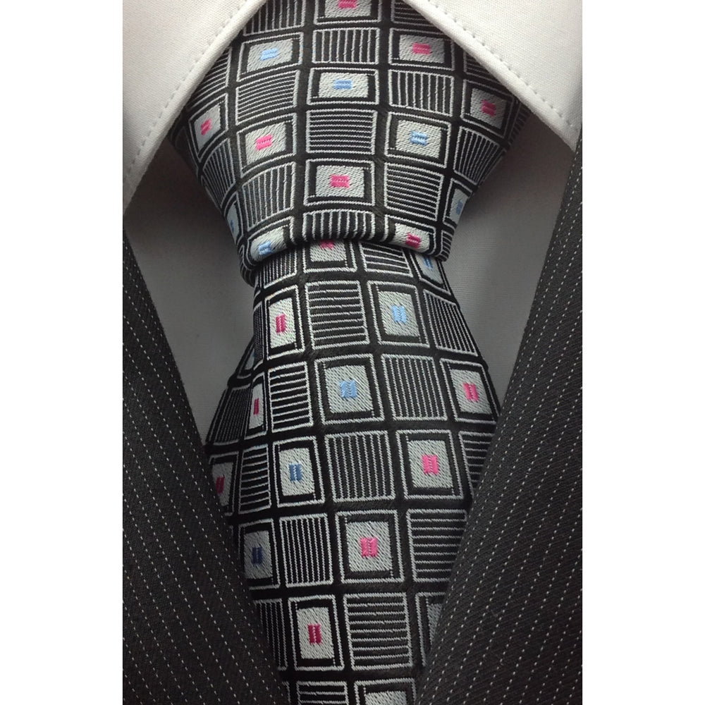Mens Necktie Silk Tie Black White Pattern Silk Tie Hand Made Executive Pro Design Birthday Christmas Valentines Gift Image 2