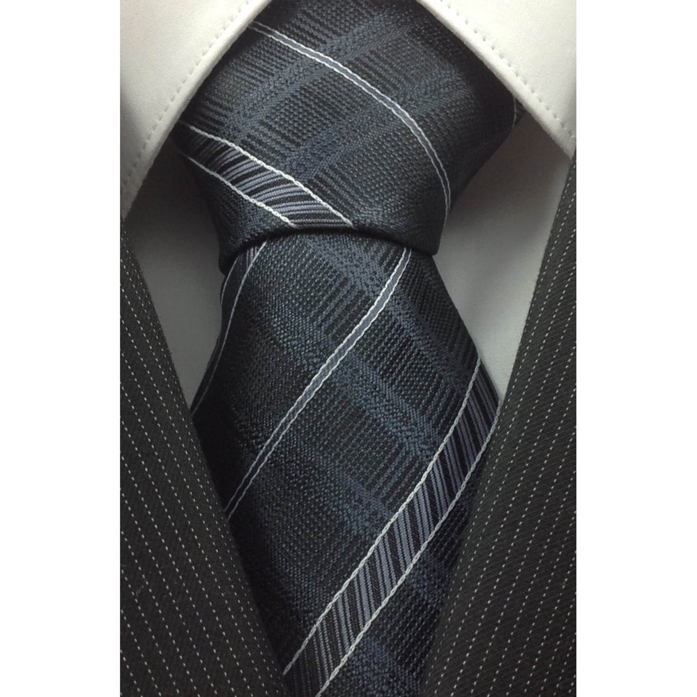 Mens Necktie Silk Tie Grey Blue Stripe Silk Tie Hand Made Executive Pro Design Birthday Christmas Valentines Gift Image 2