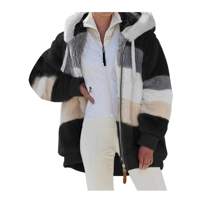 Women Winter Plush Hooded Coat Long Sleeve Zip Up Thick Cardigan Warm Loose Jacket Image 1