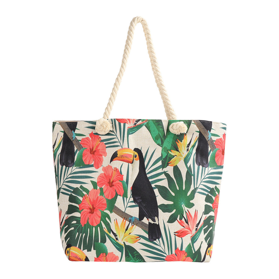 Canvas Tote Bag Toucan Bird Beach Bag Tropical Summer Cute Ladies Tote Bag Shoulder Tote Bag Zippered with Pocket Image 1