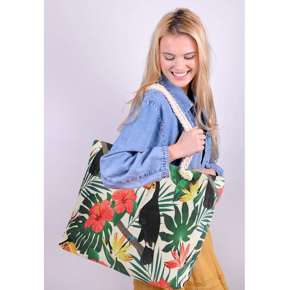 Canvas Tote Bag Toucan Bird Beach Bag Tropical Summer Cute Ladies Tote Bag Shoulder Tote Bag Zippered with Pocket Image 2