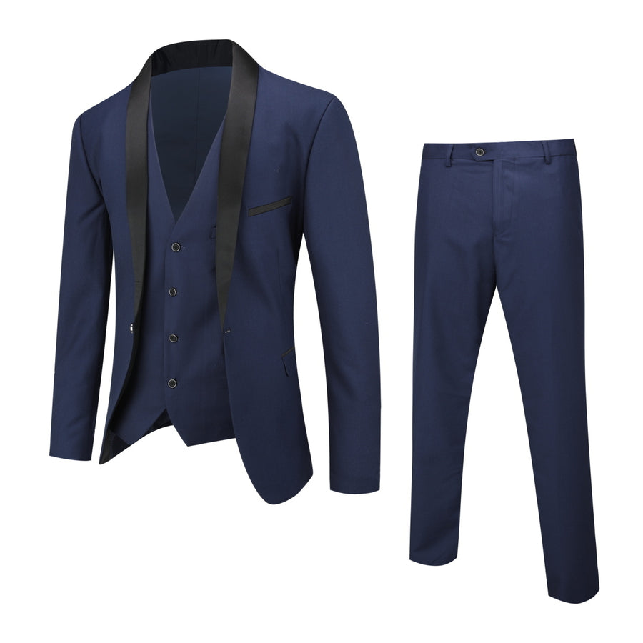 Men 3 Pieces Suit Slim Fit Shawl Collar One Button Luxurious Wedding Business Casual Spring Summer Suits Blazer + Vest + Image 1