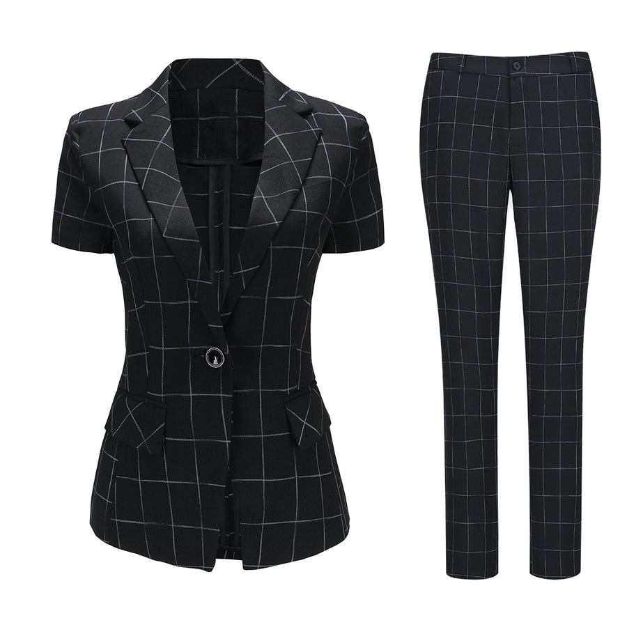 2 Pieces Women Suits Elegant Blazer Jacket Pants Suit Summer Short Sleeve Slim Plaid Set Office Lady Business Suit Image 1