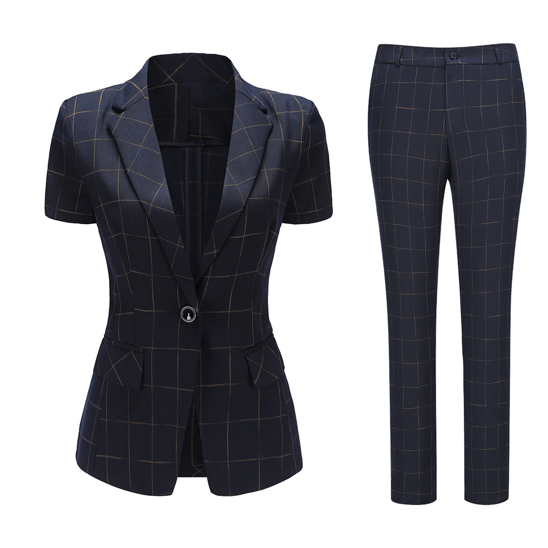 2 Pieces Women Suits Elegant Blazer Jacket Pants Suit Summer Short Sleeve Slim Plaid Set Office Lady Business Suit Image 4