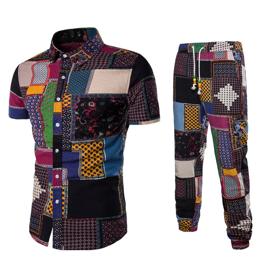 Men Tracksuit Summer 2 Pieces Set Retro Ethnic Print Patchwork Short Sleeve Lapel Button Up Shirts Sets Casual Holiday Image 1