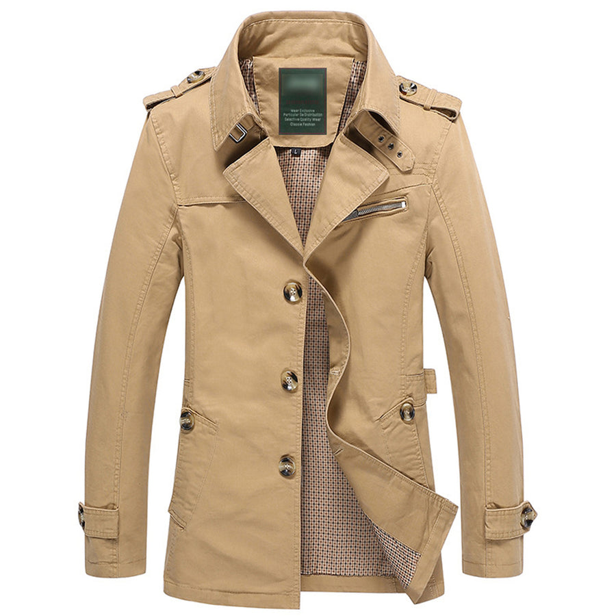 Men Windbreaker Jacket Long Cotton Business Jacket Vintage Autumn Solid Color Single Breasted Slim Fit Overcoat Image 1
