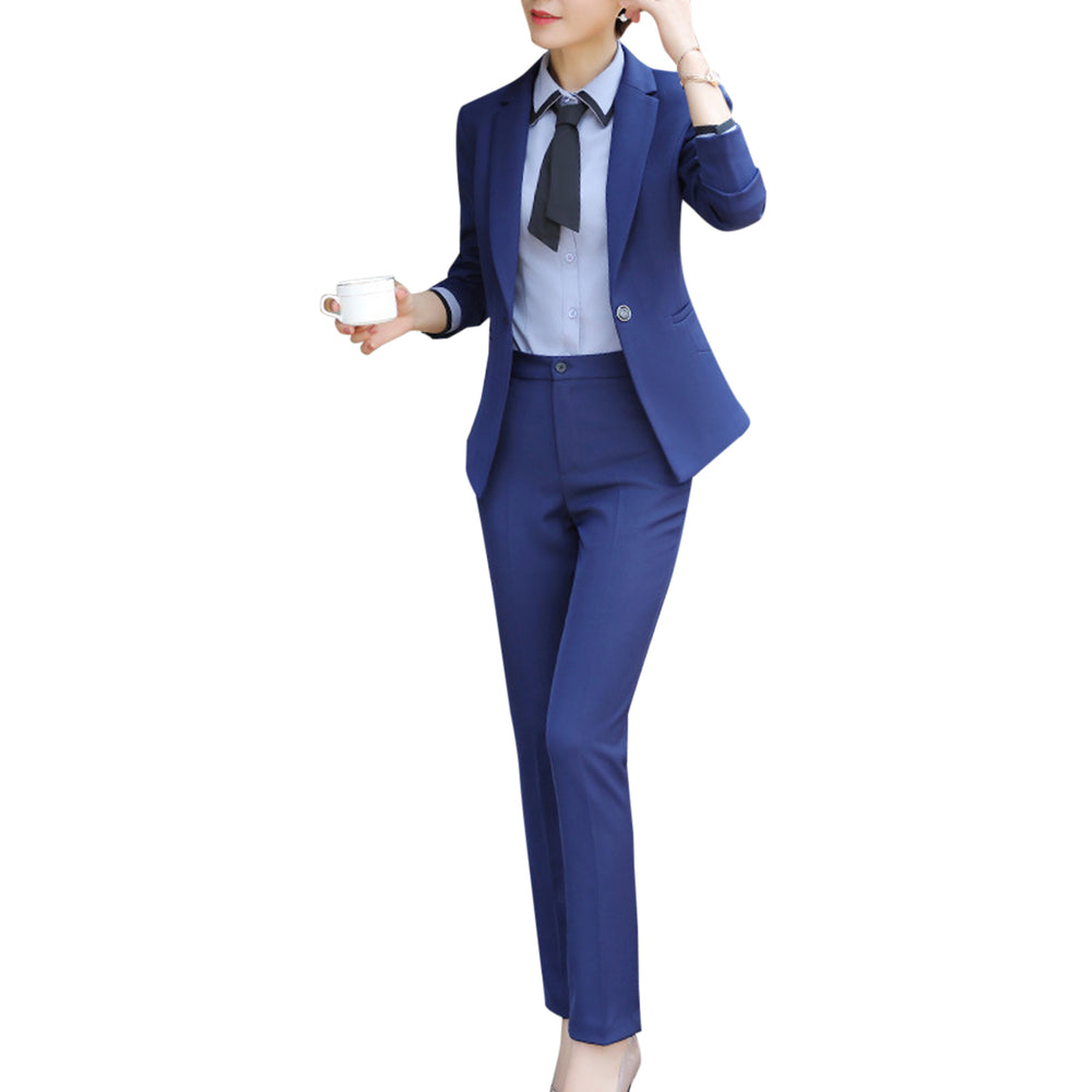 Women Business Suit Two Piece Set Office Lady Solid Color Single Button Elegant Female Blazer Pants Suits Image 2