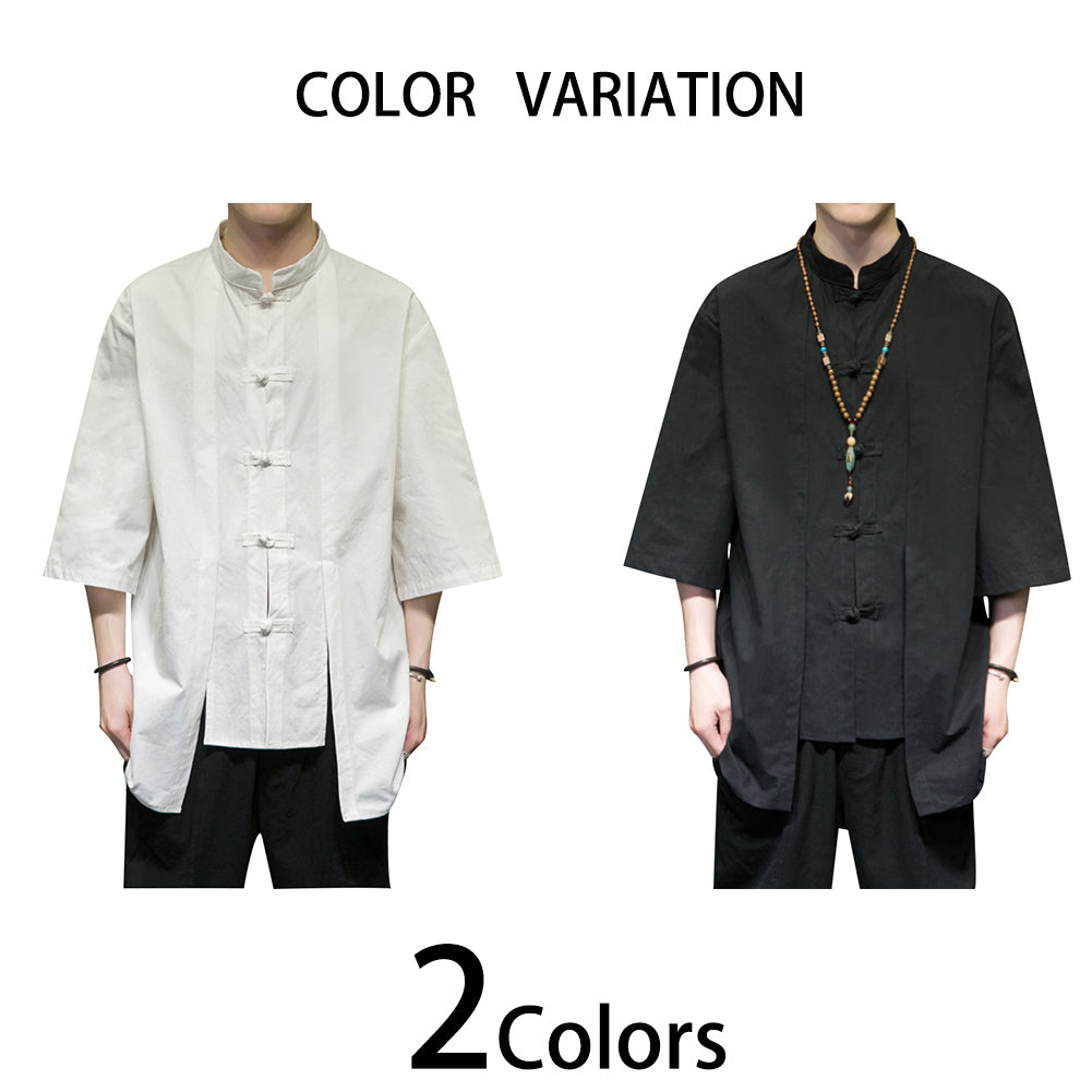 Men Shirt Casual Short Sleeve Summer Blouse Retro Solid Color Loose Breathable Stand Collar Button Up Shirts Image 4