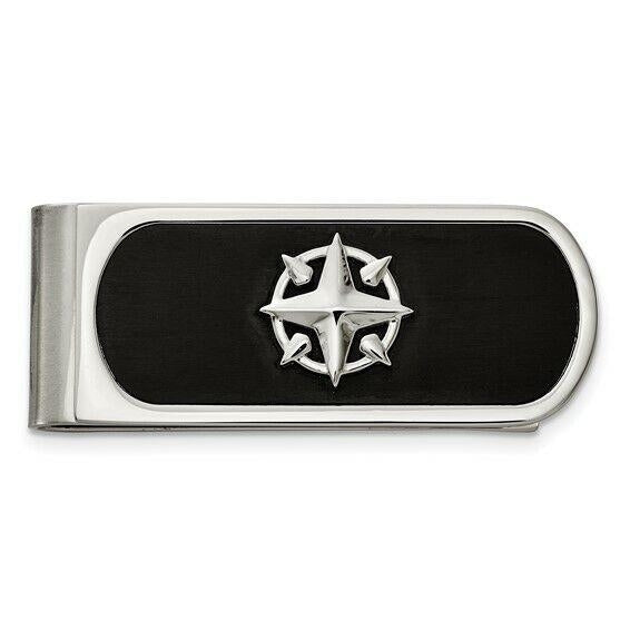 Stainless Steel Brushed and Polished Black IP-plated Compass Money Clip Image 1