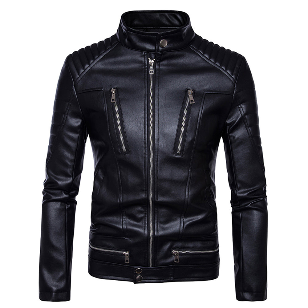Men Leather Jacket Biker Motorcycle Coat Black PU Jackets Stand Collar Autumn Zipper Outerwear Image 2