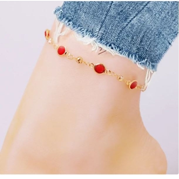 18K Gold Plated High Polish Finish Red Crystal Anklet Image 1
