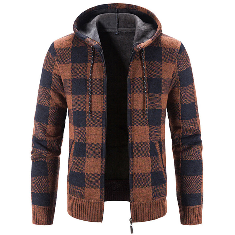 Men Cardigan Jacket Casual Vinatge Plaid Knitted Sweater Hoodie Zip Up Fleece Autumn Winter Loose Sweaters Image 1