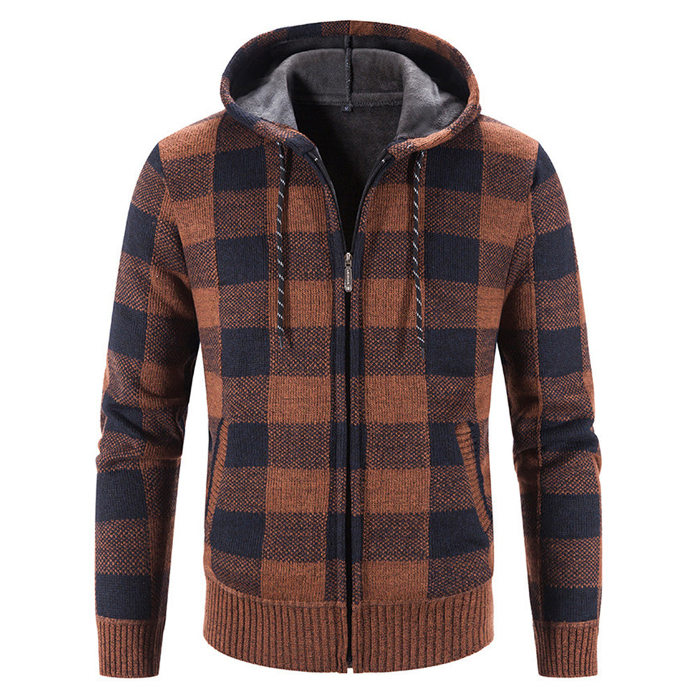 Men Cardigan Jacket Casual Vinatge Plaid Knitted Sweater Hoodie Zip Up Fleece Autumn Winter Loose Sweaters Image 2