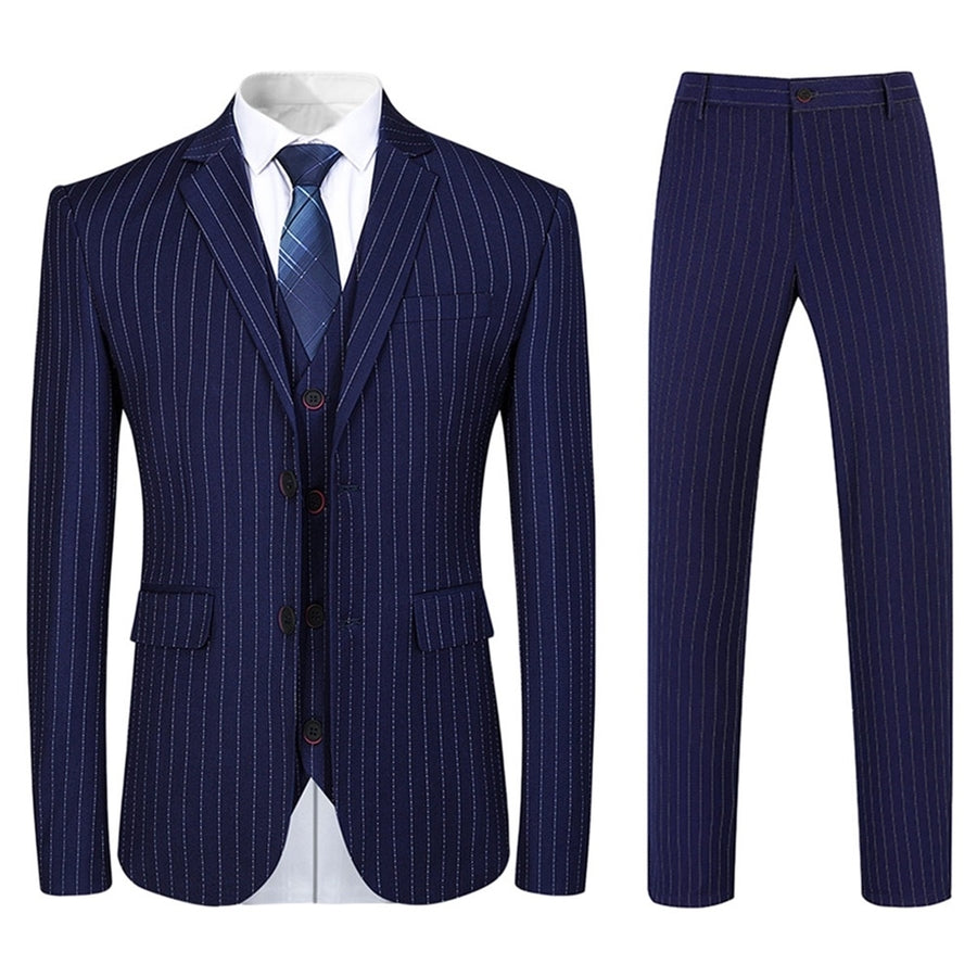 3Pcs Men Slim Fit Suit Business Casual Stripe Long Sleeve Single Breasted Formal Wedding Date Suits Blazer + Vest + Pant Image 1