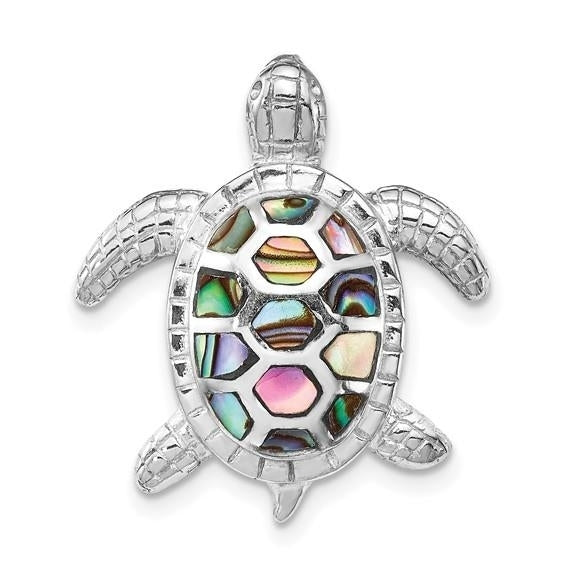Sterling Silver Rhodium-plated Abalone Textured Turtle Slide Image 1
