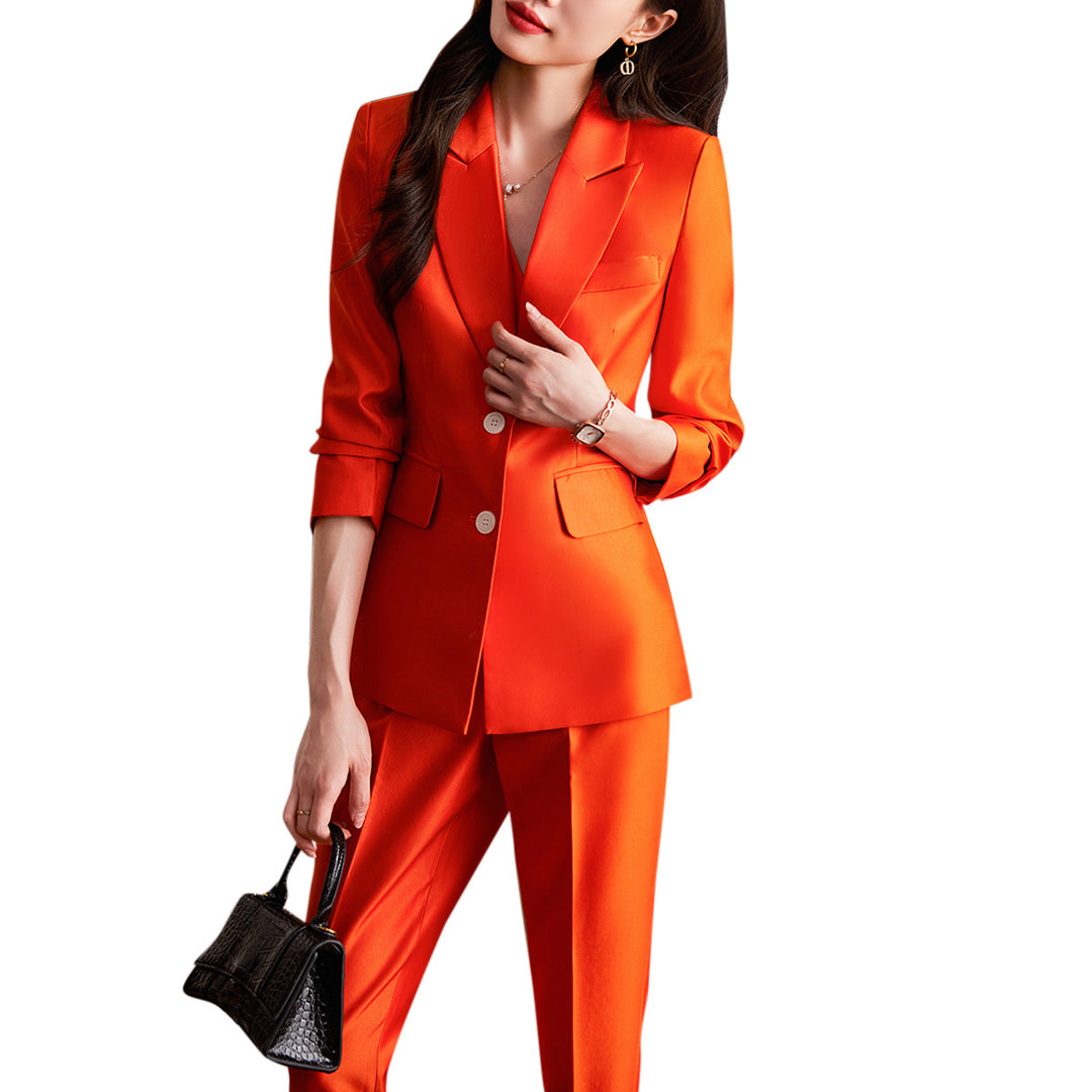 2 Pieces Women Blazer Suits Solid Women Office Blazer Suit Casual Long Sleeve Slim Fit Notched Lapel Blazer Pant Set Image 3