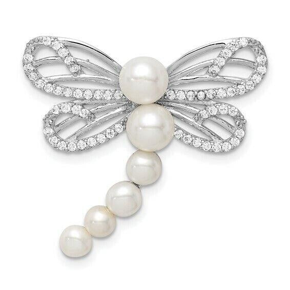 Sterling Silver Rhodium-plated Imitation Shell Pearl Dragonfly Chain Slide Image 1