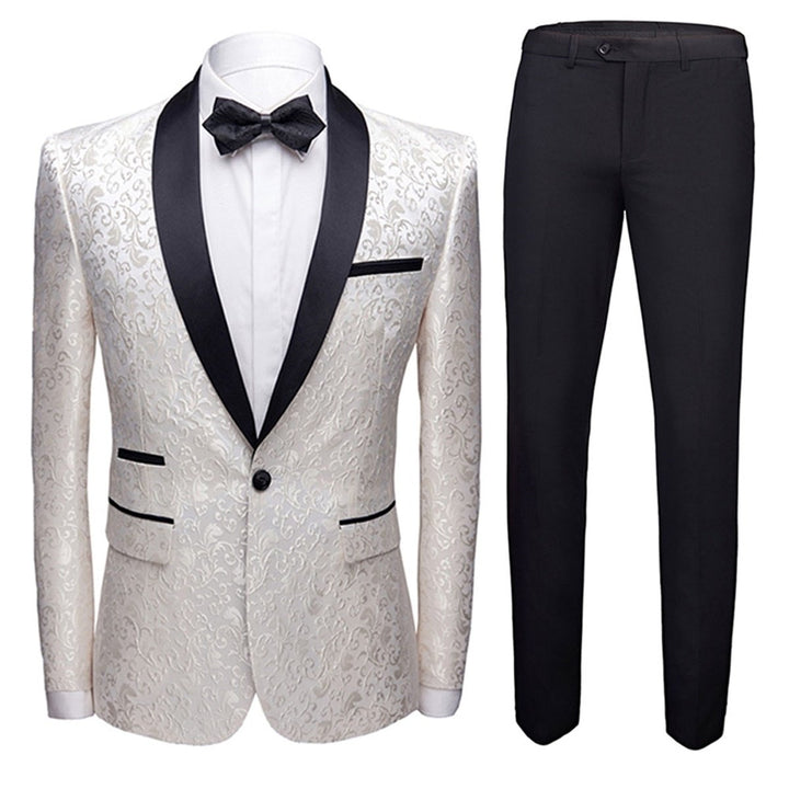 2 Pieces Men Wedding Suits Groom Formal Business Casual Blazer Pants Set Slim Fit Print One Button Shawl Collar Male Image 1