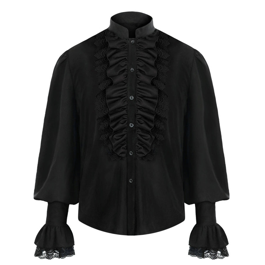 Men Formal Shirt Long Sleeve Ruffled Lace Patchwork Tops Stand Collar Men Blouse Elegant Party Button Down Shirts Image 1