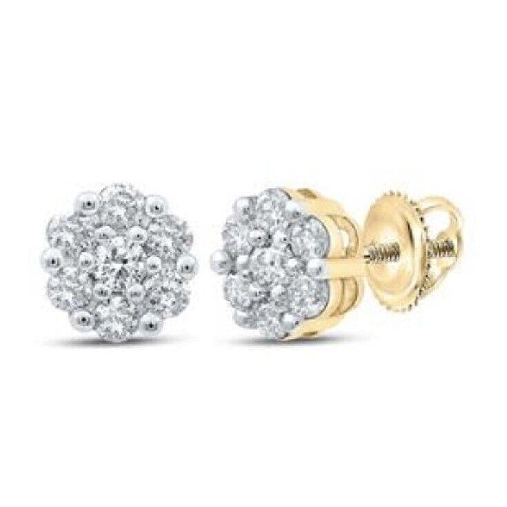 1/2 ctw 10K Yellow Gold Round Diamond Flower Cluster Earrings Image 1