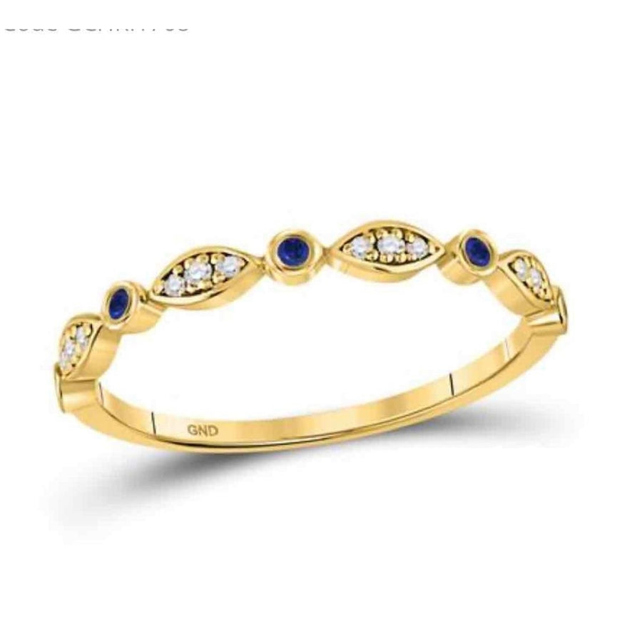 10K Yellow Gold Round Blue Sapphire Diamond Stackable Band Ring 1/10 cttw Image 1