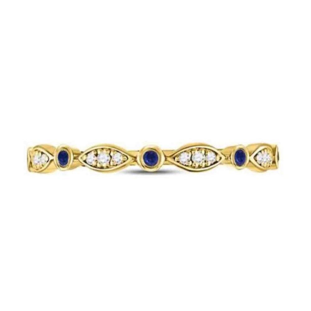 10K Yellow Gold Round Blue Sapphire Diamond Stackable Band Ring 1/10 cttw Image 2