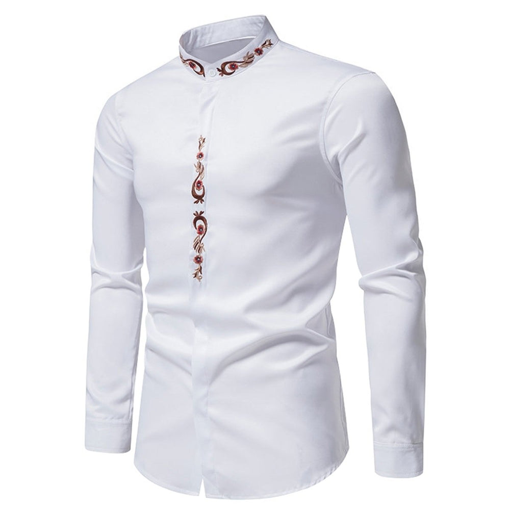 Men Shirt Vintage Floral Embroidered Tops Stand Collar Men Long Sleeve Button Up Shirts Spring Regular Fit Blouses Image 2