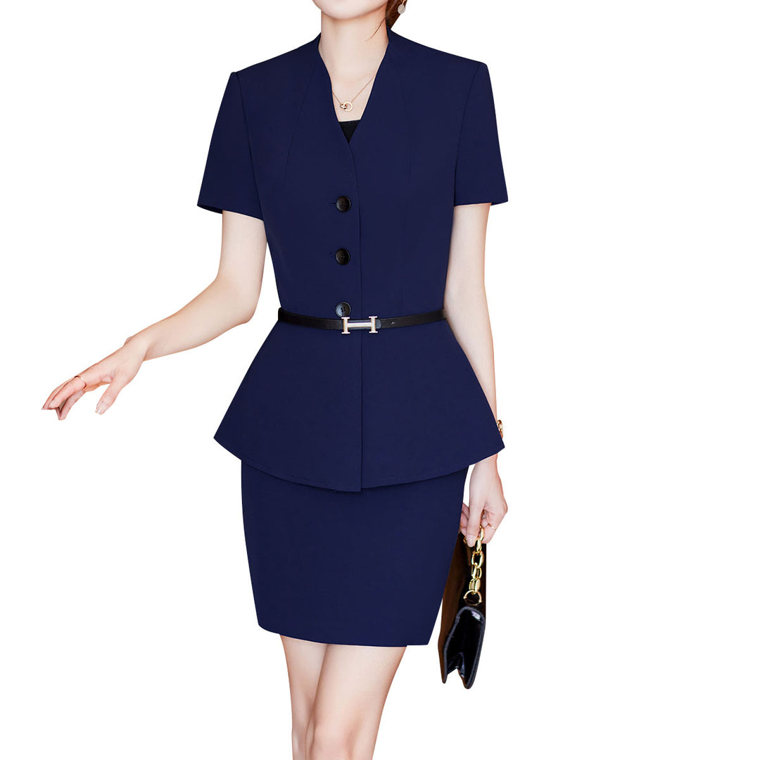 2 Pcs Women Suit Business Casual Blazer And Skirt Set Short Sleeve V Neck Solid Color Blazer + Short Skirt Office Work Image 1