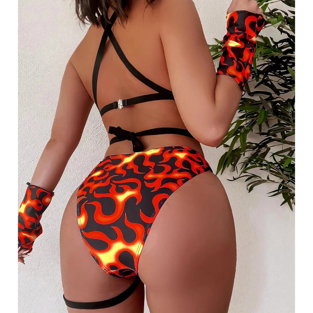 Fire Pattern Criss Cross Bikini Swimsuit With 1pair Oversleeves Image 2