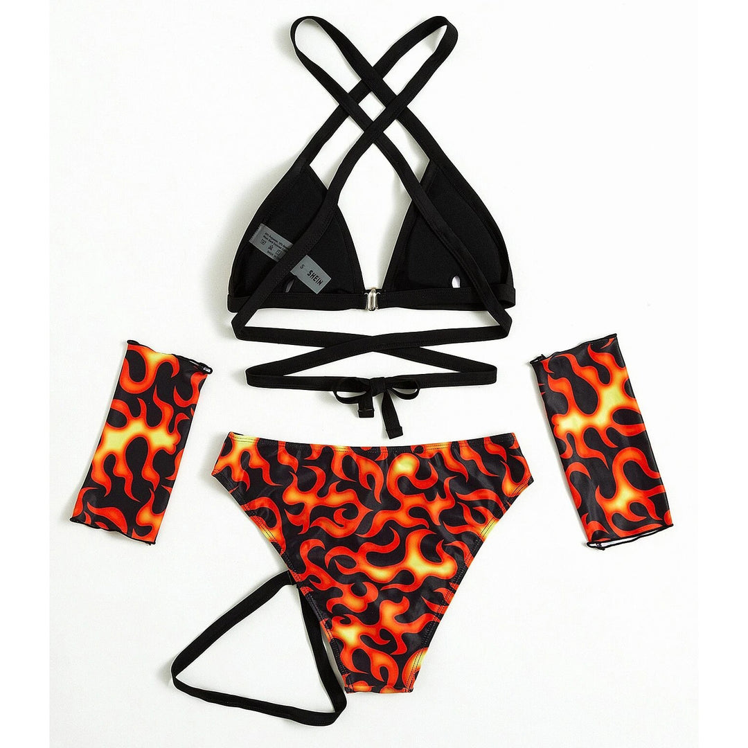 Fire Pattern Criss Cross Bikini Swimsuit With 1pair Oversleeves Image 3