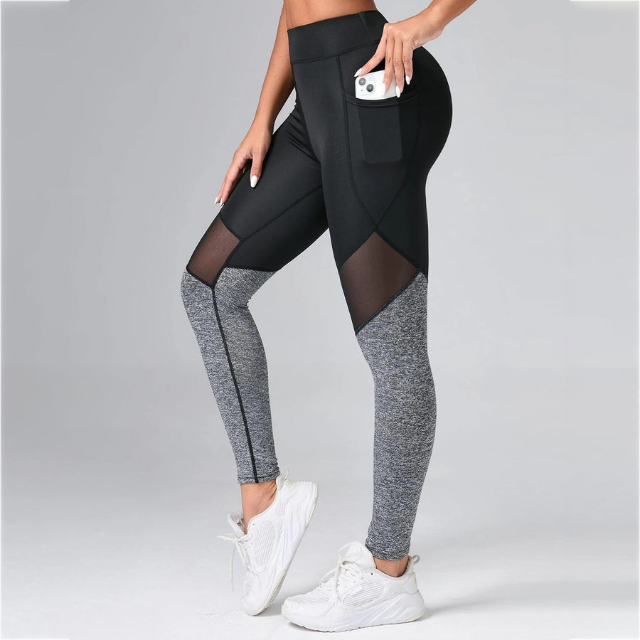 Contrast Color Panel Yoga Leggings Mesh Insert Gym Tights With Phone Pocket Image 1