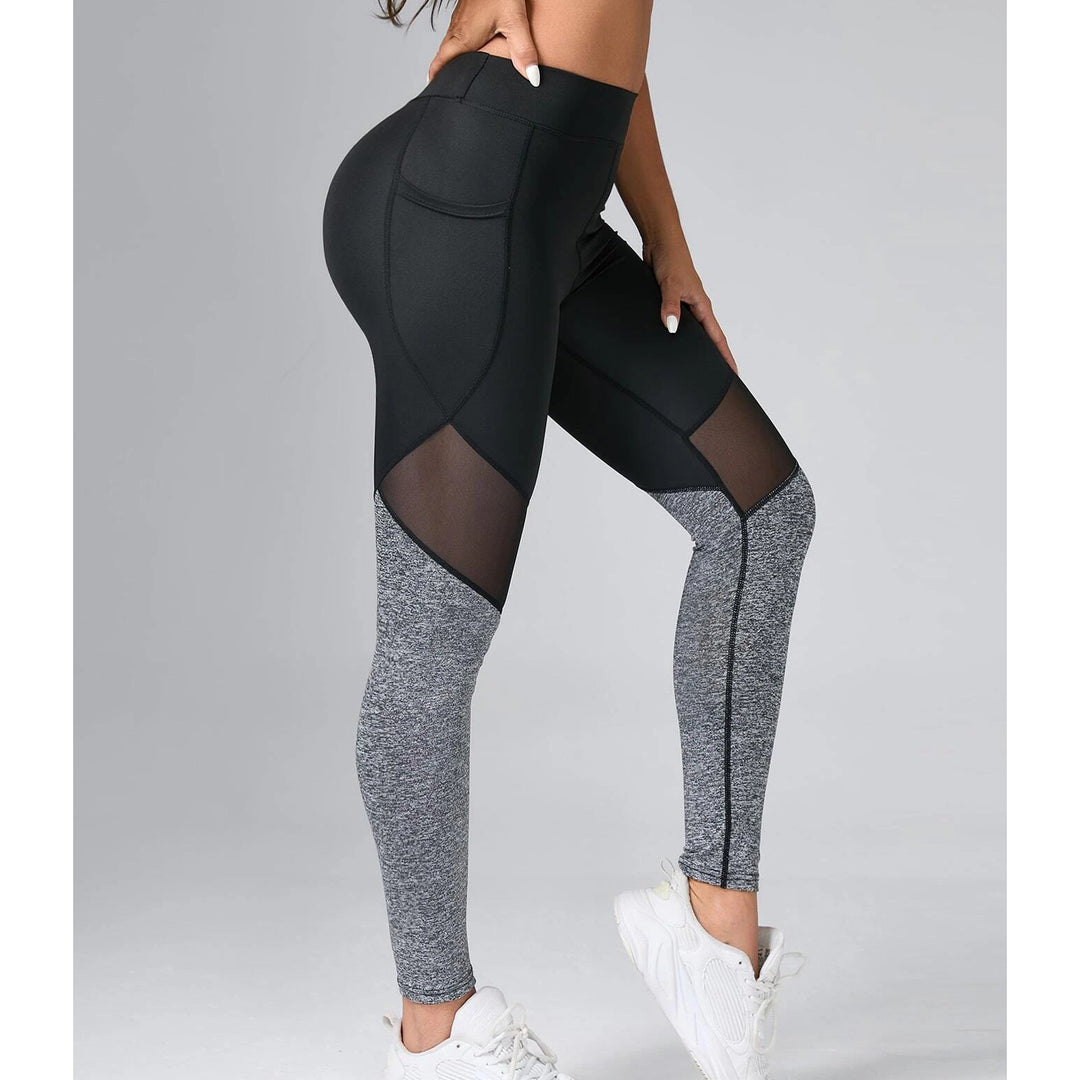 Contrast Color Panel Yoga Leggings Mesh Insert Gym Tights With Phone Pocket Image 4
