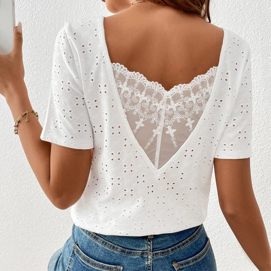 Contrast Lace Eyelet Embroidery Tee Image 1