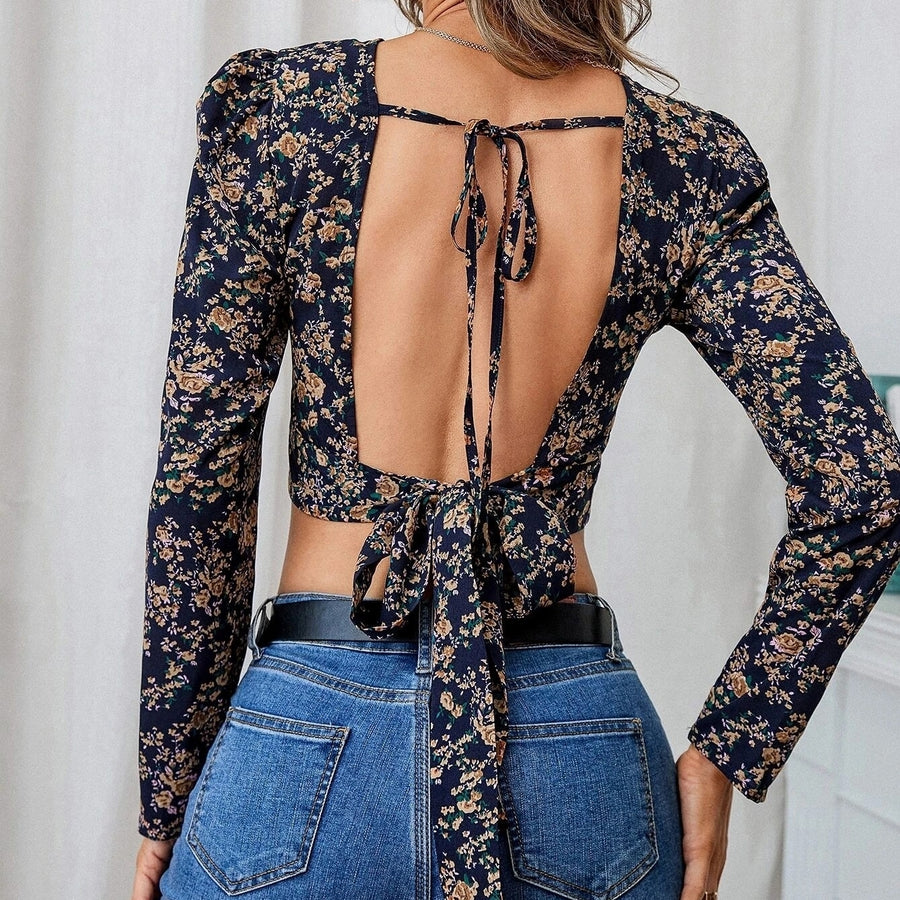 Allover Floral Print Puff Sleeve Tie Backless Crop Blouse Image 1