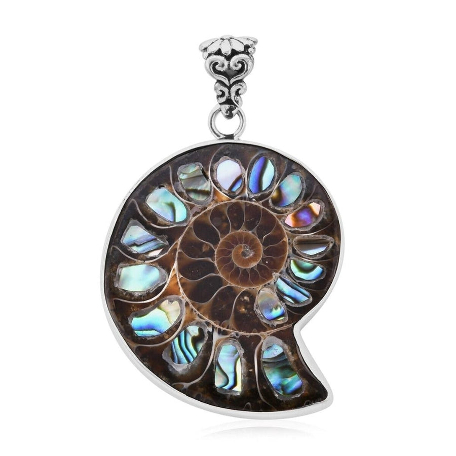 Ammonite Abalone Shell Pendant REAL Solid .925 Sterling Silver Image 1