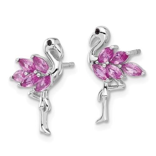Sterling Silver Rhodium-plated Pink Crystal Flamingo Post Earrings Image 2