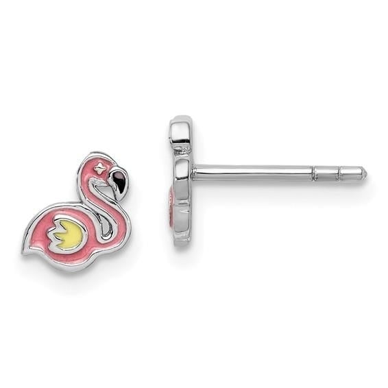 Sterling Silver Rhodium-plated Polished and Multi-color Enameled Flamingo Childrens Post Earrings Image 1