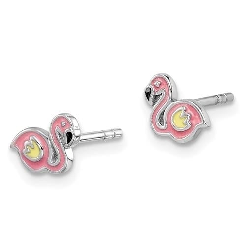 Sterling Silver Rhodium-plated Polished and Multi-color Enameled Flamingo Childrens Post Earrings Image 2