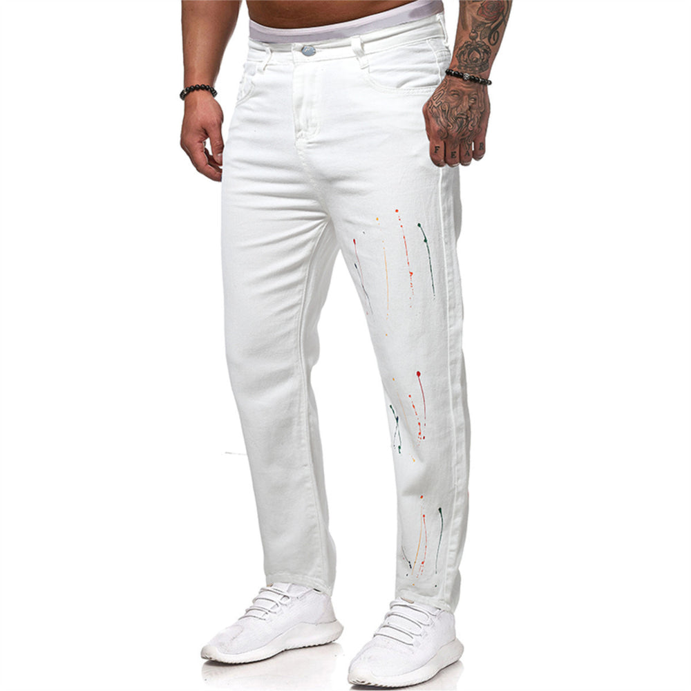 Men Jeans Casual Regular Fit Denim Pants Fashion Printing Trousers Summer Autumn Asymmetrical Line Jeans White Image 2