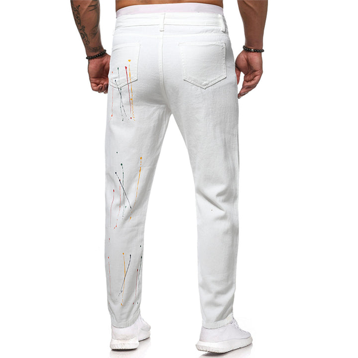 Men Jeans Casual Regular Fit Denim Pants Fashion Printing Trousers Summer Autumn Asymmetrical Line Jeans White Image 3